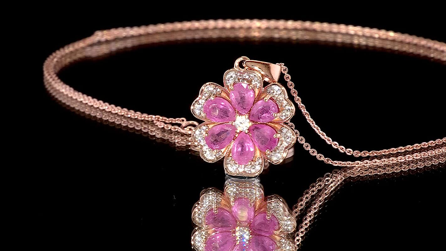 D'Joy Ilakaka Hot Pink Sapphire (FF) and White Zircon 4.00 ctw Floret Glow Pendant Necklace in 18K Vermeil Rose Gold Over Sterling Silver 20 Inches
