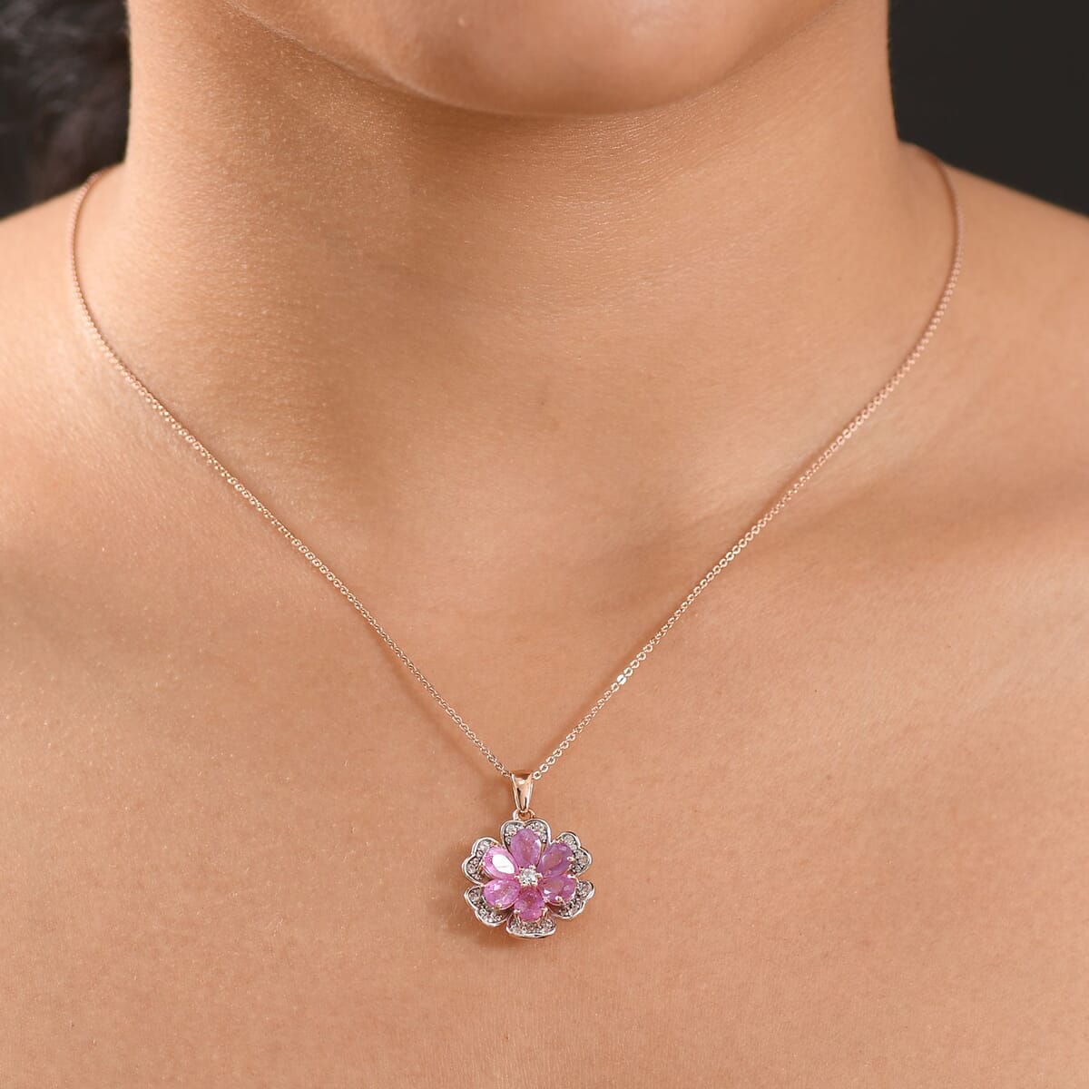 D'Joy Ilakaka Hot Pink Sapphire (FF) and White Zircon 4.00 ctw Floret Glow Pendant Necklace in 18K Vermeil Rose Gold Over Sterling Silver 20 Inches image number 2