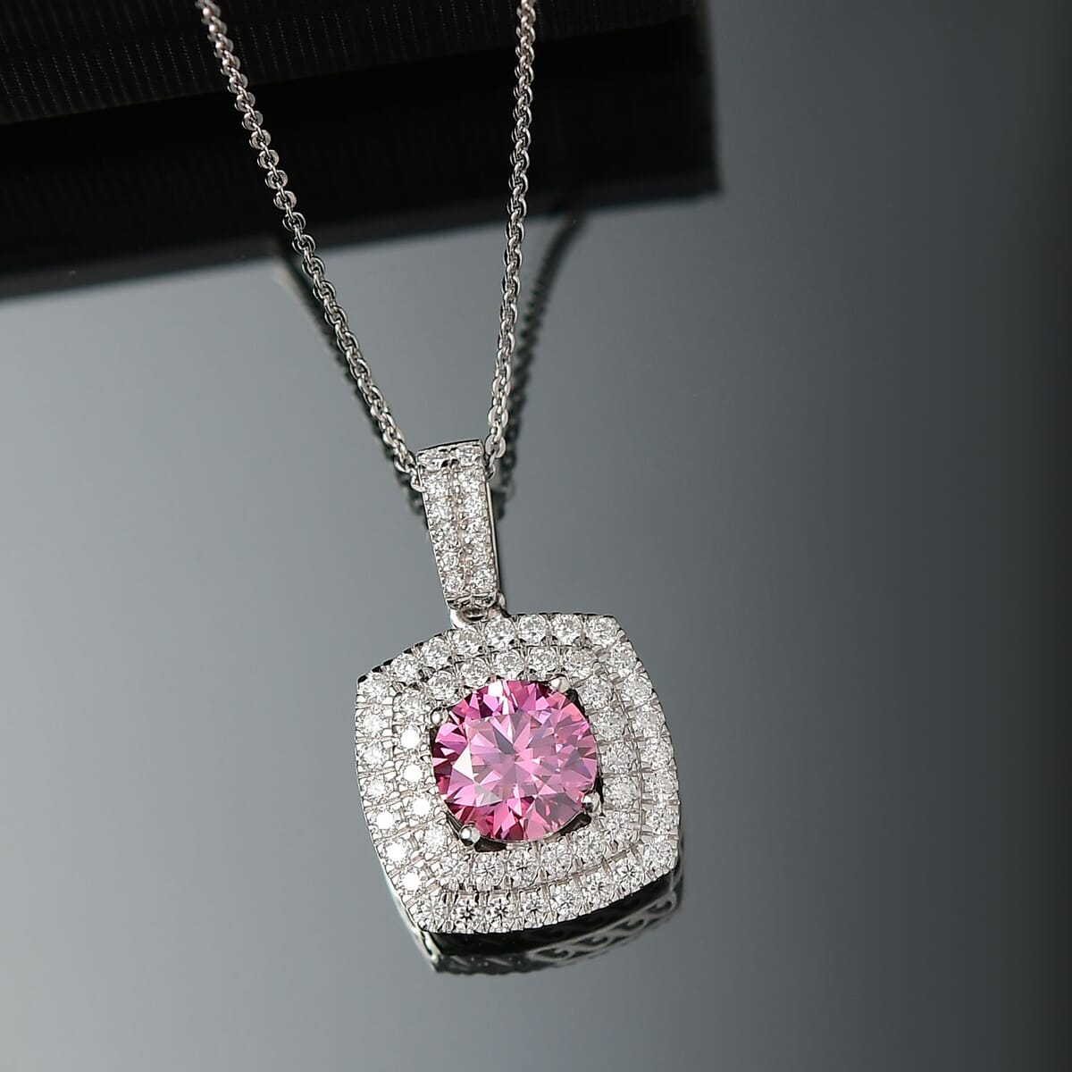 D'Joy Pink Moissanite 2.50 ctw Celestial Halo Pendant Necklace 20 Inches in Rhodium Over Sterling Silver image number 1