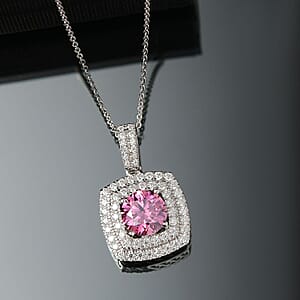 D'Joy Pink Moissanite 2.50 ctw Celestial Halo Pendant Necklace 20 Inches in Rhodium Over Sterling Silver