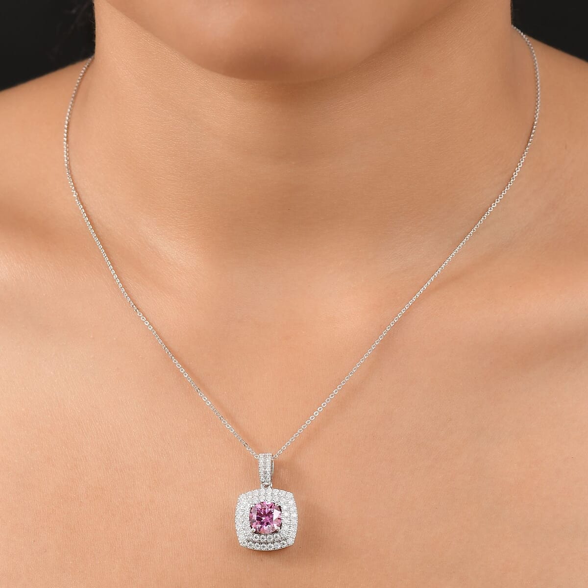 D'Joy Pink Moissanite 2.50 ctw Celestial Halo Pendant Necklace 20 Inches in Rhodium Over Sterling Silver image number 2