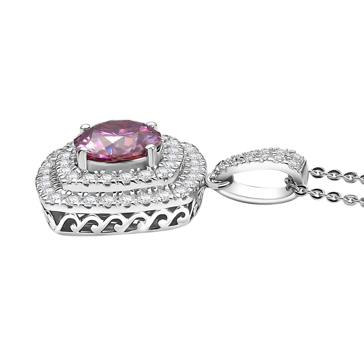 D'Joy Pink Moissanite 2.50 ctw Celestial Halo Pendant Necklace 20 Inches in Rhodium Over Sterling Silver image number 3