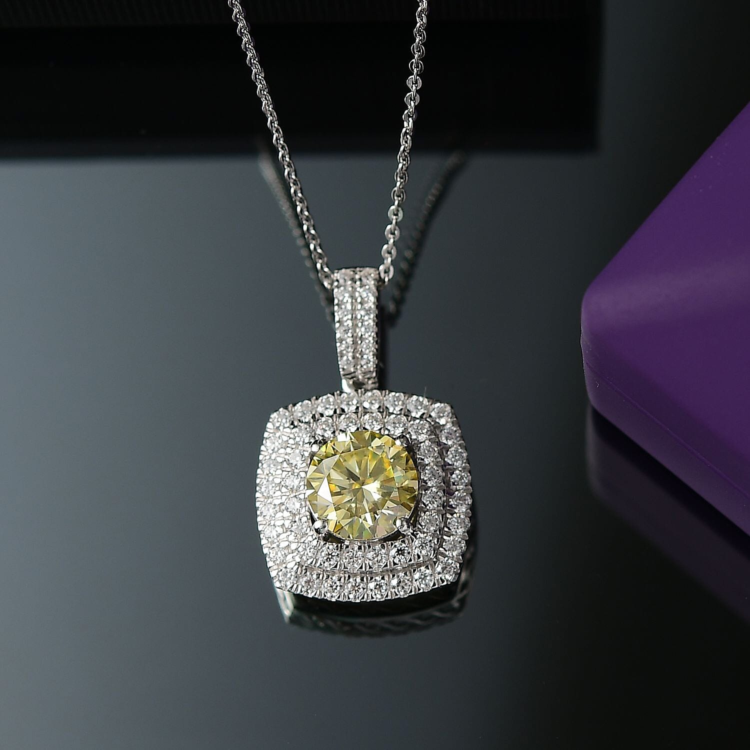 D'Joy Yellow Moissanite 2.50 ctw Celestial Halo Pendant Necklace 20 Inches in Rhodium Over Sterling Silver
