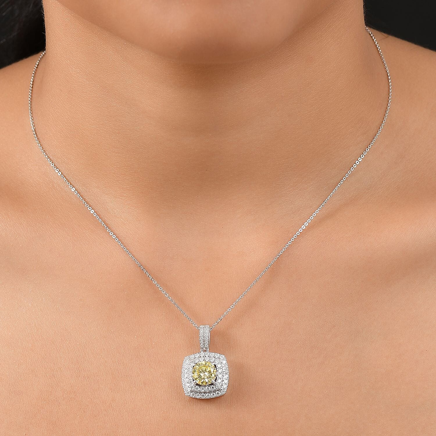 D'Joy Yellow Moissanite 2.50 ctw Celestial Halo Pendant Necklace 20 Inches in Rhodium Over Sterling Silver