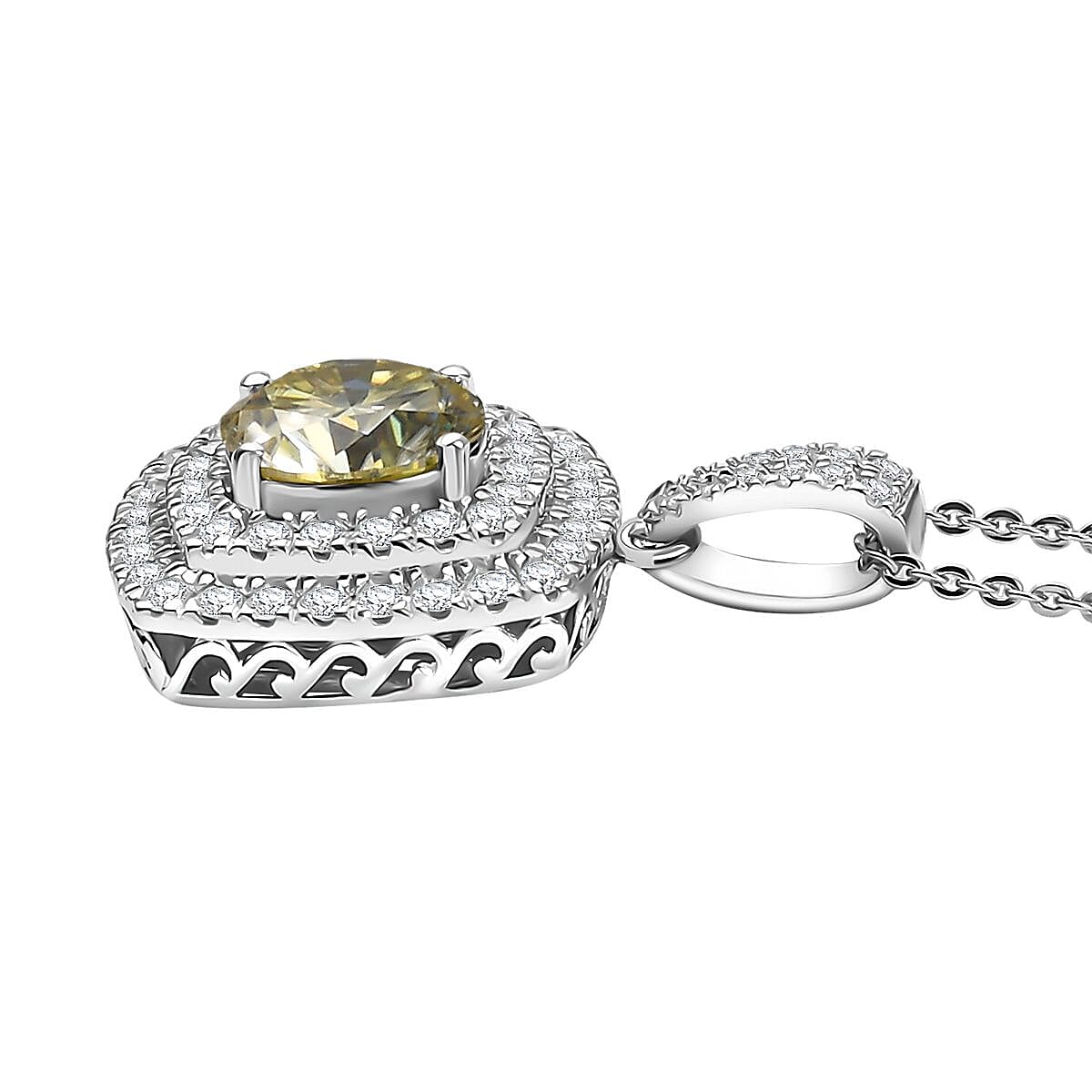 D'Joy Yellow Moissanite 2.50 ctw Celestial Halo Pendant Necklace 20 Inches in Rhodium Over Sterling Silver