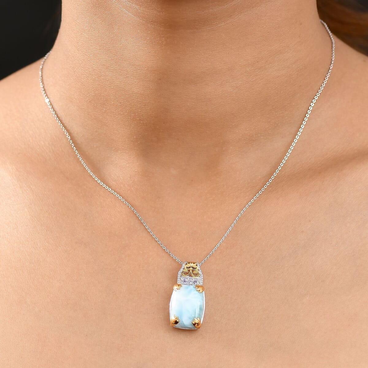D'Joy Larimar and Tanzanite 13.00 ctw Pendant Necklace in 18K Vermeil YG and Rhodium Over Sterling Silver 20 Inches image number 2