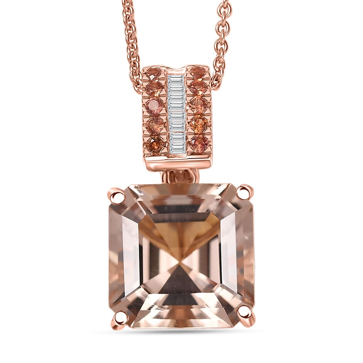 Luxoro Asscher Cut AAA Marropino Morganite, Padparadscha Sapphire and I2 Diamond 6.20 ctw Desert Rose Pendant Necklace in 14K Rose Gold 20 Inches image number 0