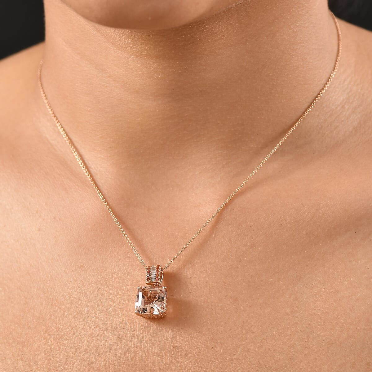Luxoro Asscher Cut AAA Marropino Morganite, Padparadscha Sapphire and I2 Diamond 6.20 ctw Desert Rose Pendant Necklace in 14K Rose Gold 20 Inches image number 2