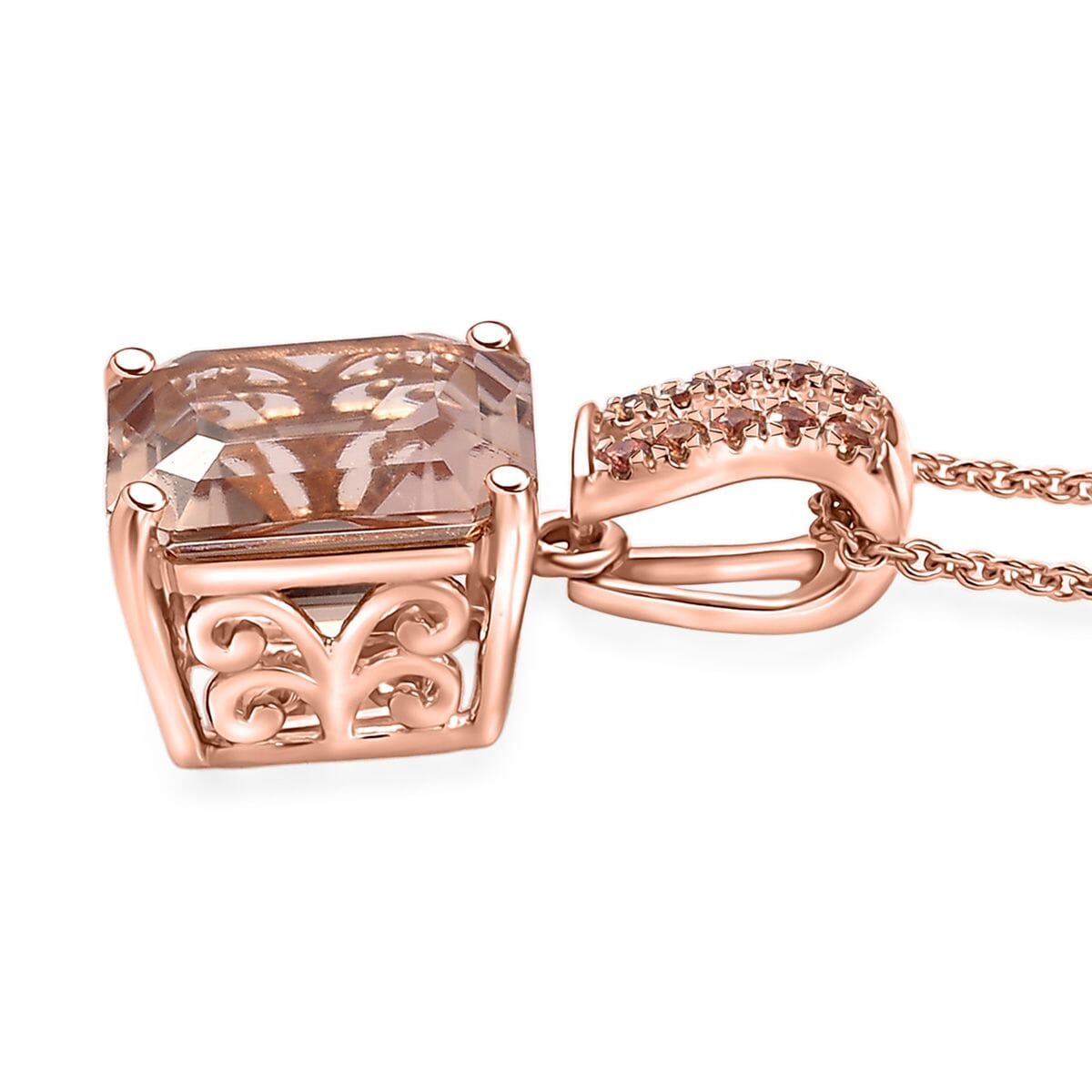 Luxoro Asscher Cut AAA Marropino Morganite, Padparadscha Sapphire and I2 Diamond 6.20 ctw Desert Rose Pendant Necklace in 14K Rose Gold 20 Inches image number 3