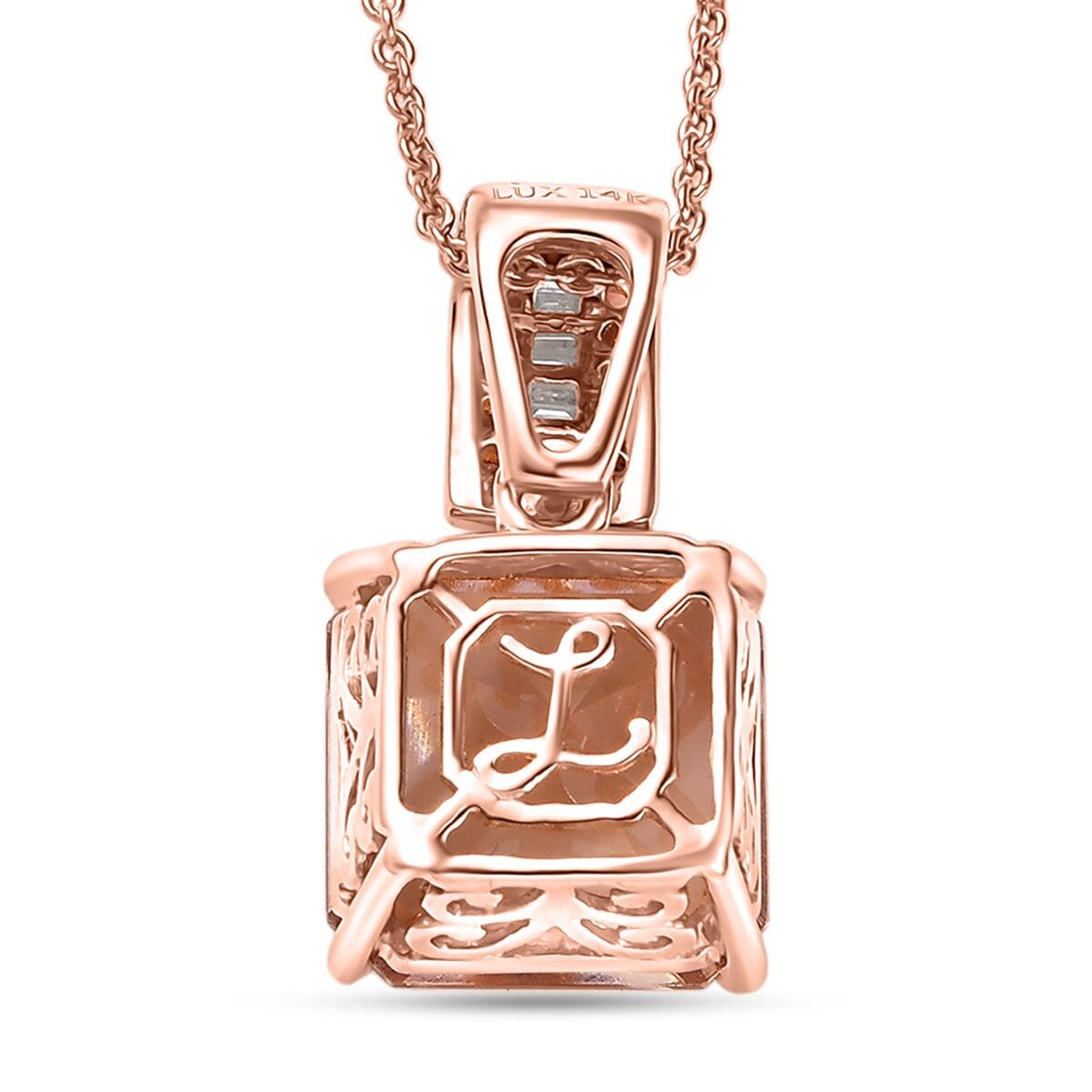 Luxoro Asscher Cut AAA Marropino Morganite, Padparadscha Sapphire and I2 Diamond 6.20 ctw Desert Rose Pendant Necklace in 14K Rose Gold 20 Inches image number 4