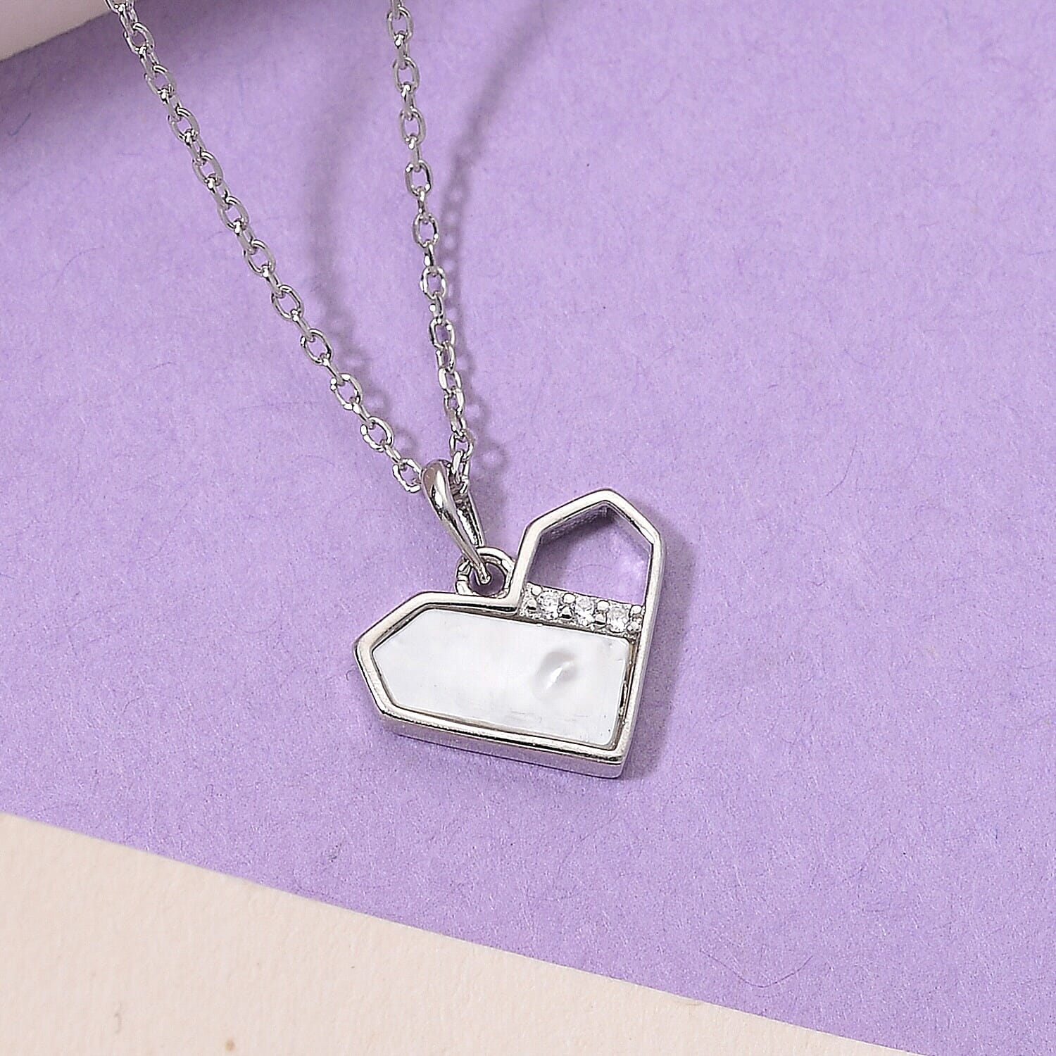 White Mother of Pearl, Simulated Diamond Pendant Necklace (17.5 Inches) in Rhodium Over Sterling Silver