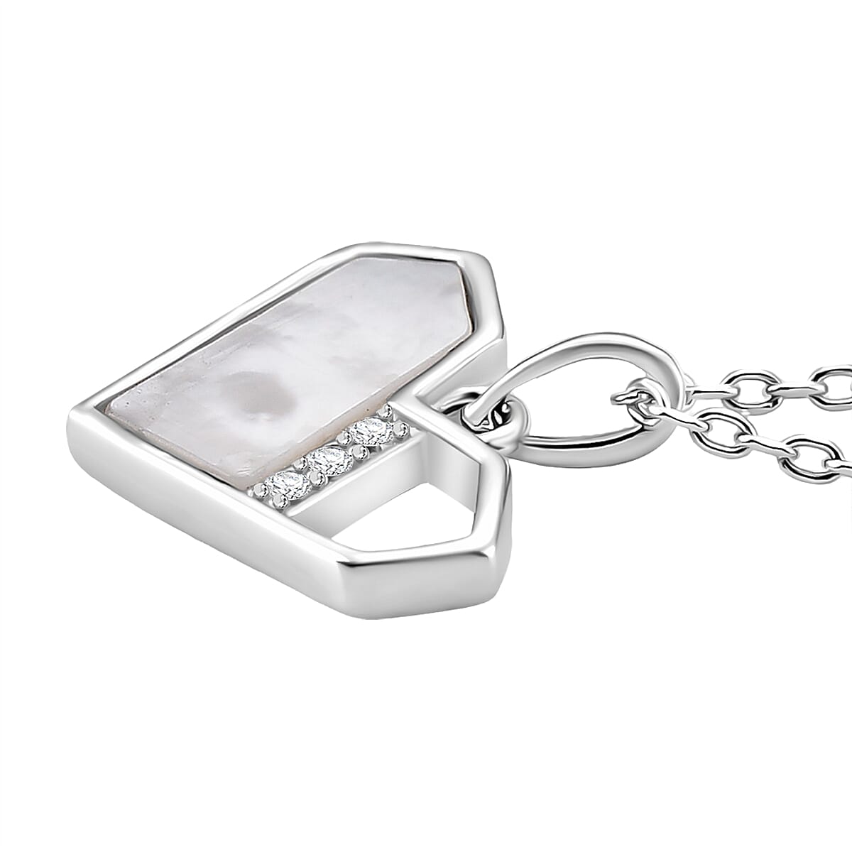 White Mother of Pearl, Simulated Diamond Pendant Necklace (17.5 Inches) in Rhodium Over Sterling Silver