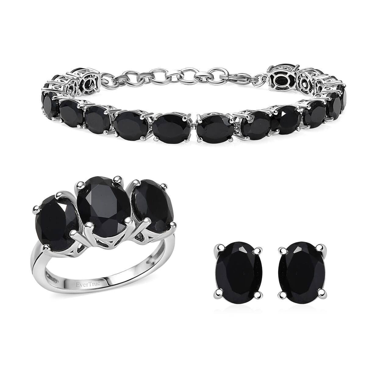 Ever True Thai Black Spinel 47.70 ctw 3 Stone Ring (Size 5), Bracelet (8.5in) and Stud Earrings in Platinum Bond image number 0