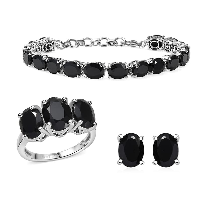 EverTrue Thai Black Spinel 47.70 ctw 3 Stone Ring (Size 5), Bracelet (8.5in) and Stud Earrings in Platinum Bond