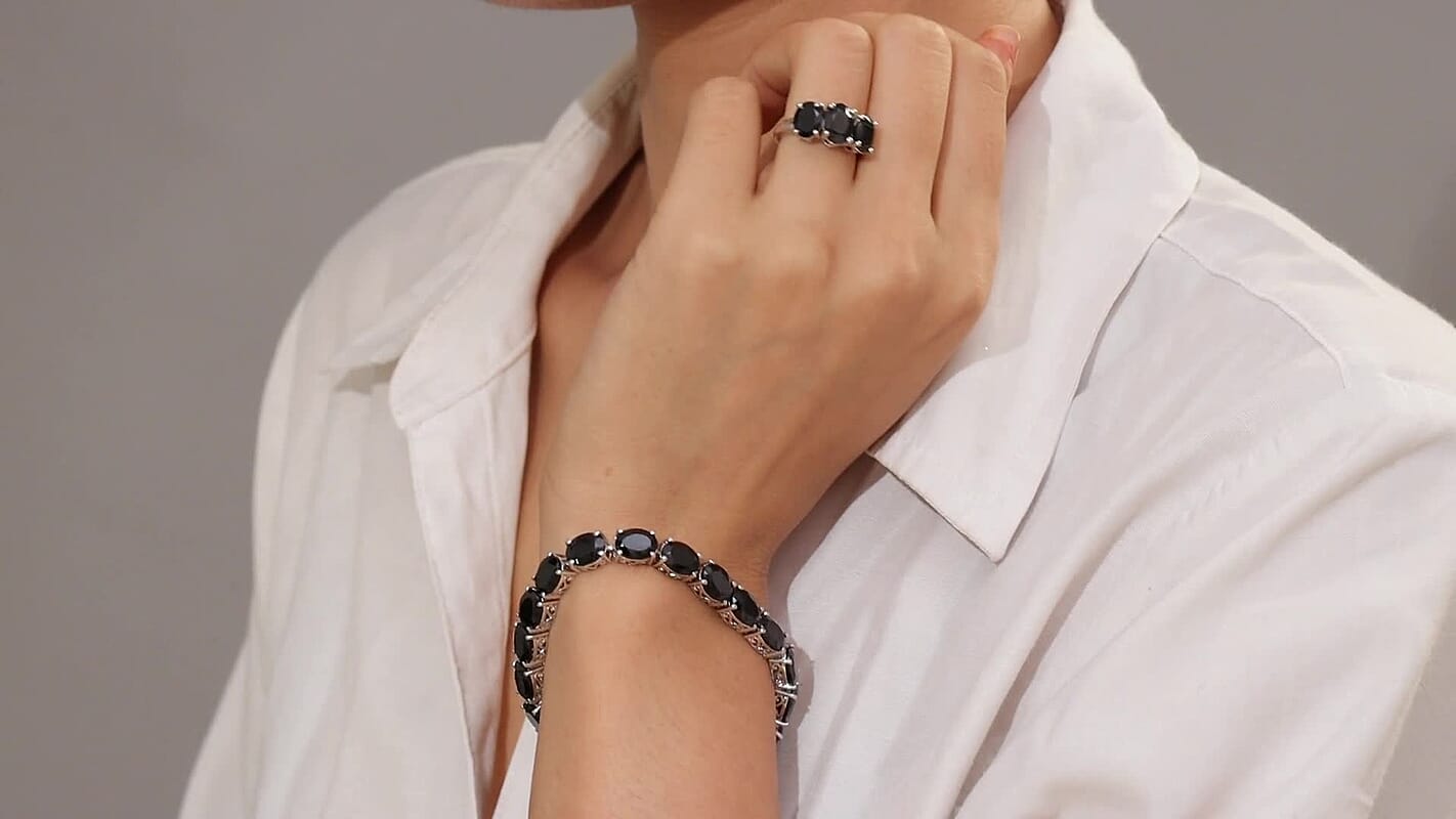 Ever True Thai Black Spinel 47.70 ctw 3 Stone Ring (Size 5), Bracelet (8.5in) and Stud Earrings in Platinum Bond