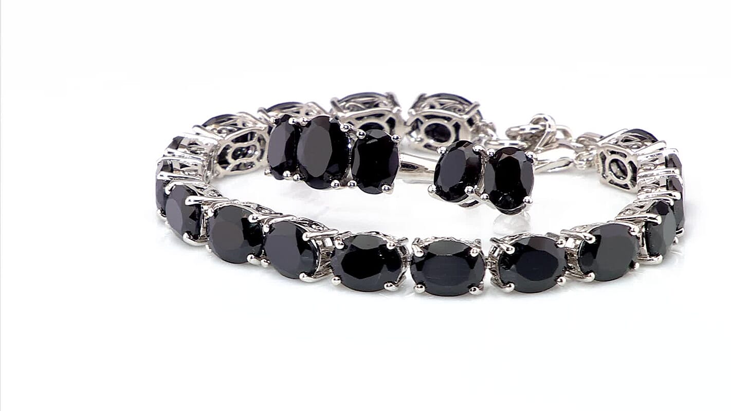 Ever True Thai Black Spinel 47.70 ctw 3 Stone Ring (Size 5), Bracelet (8.5in) and Stud Earrings in Platinum Bond