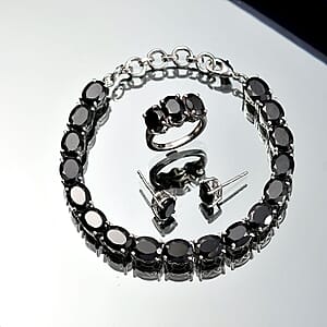 EverTrue Thai Black Spinel 47.70 ctw 3 Stone Ring (Size 7), Bracelet (8.5in) and Stud Earrings in Platinum Bond