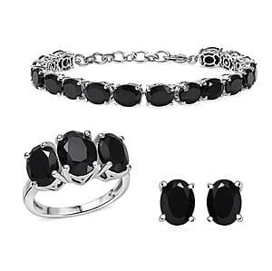 EverTrue Thai Black Spinel 47.70 ctw 3 Stone Ring (Size 8), Bracelet (8.5in) and Stud Earrings in Platinum Bond