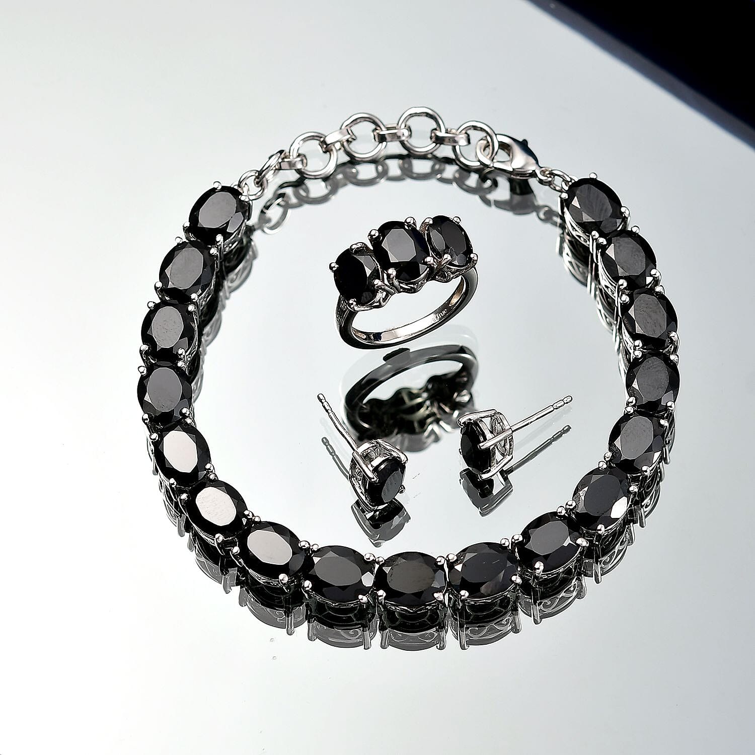 EverTrue Thai Black Spinel 47.70 ctw 3 Stone Ring (Size 9), Bracelet (8.5in) and Stud Earrings in Platinum Bond
