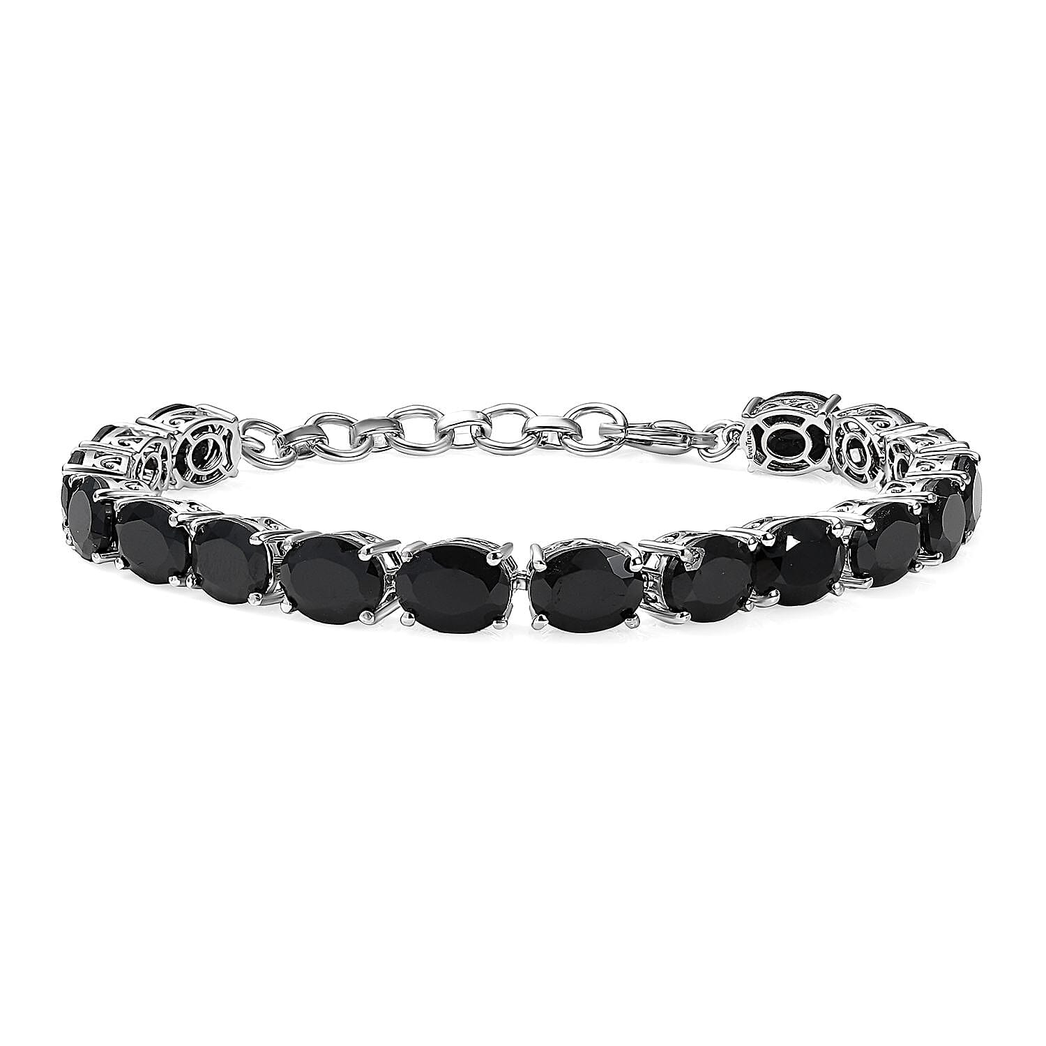 EverTrue Thai Black Spinel 47.70 ctw 3 Stone Ring (Size 9), Bracelet (8.5in) and Stud Earrings in Platinum Bond