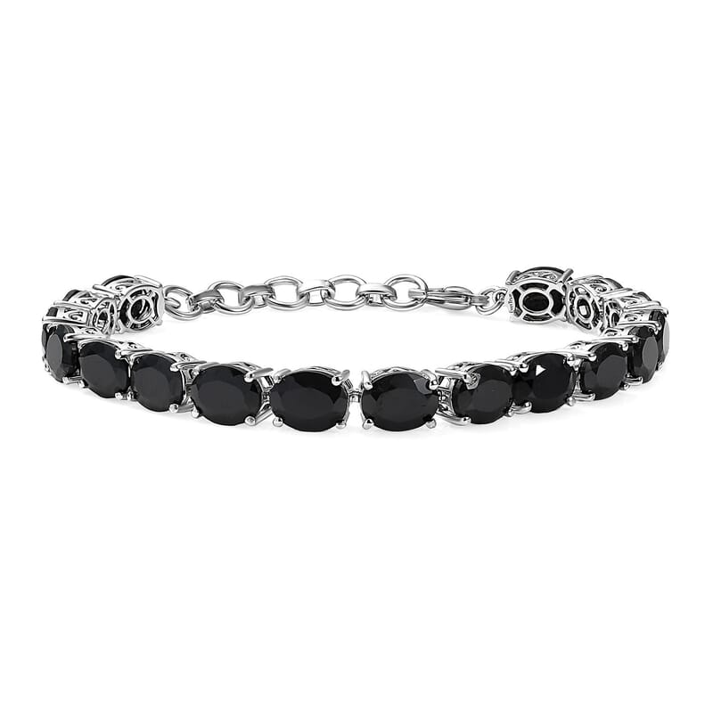 EverTrue Thai Black Spinel 47.70 ctw 3 Stone Ring (Size 9), Bracelet (8.5in) and Stud Earrings in Platinum Bond
