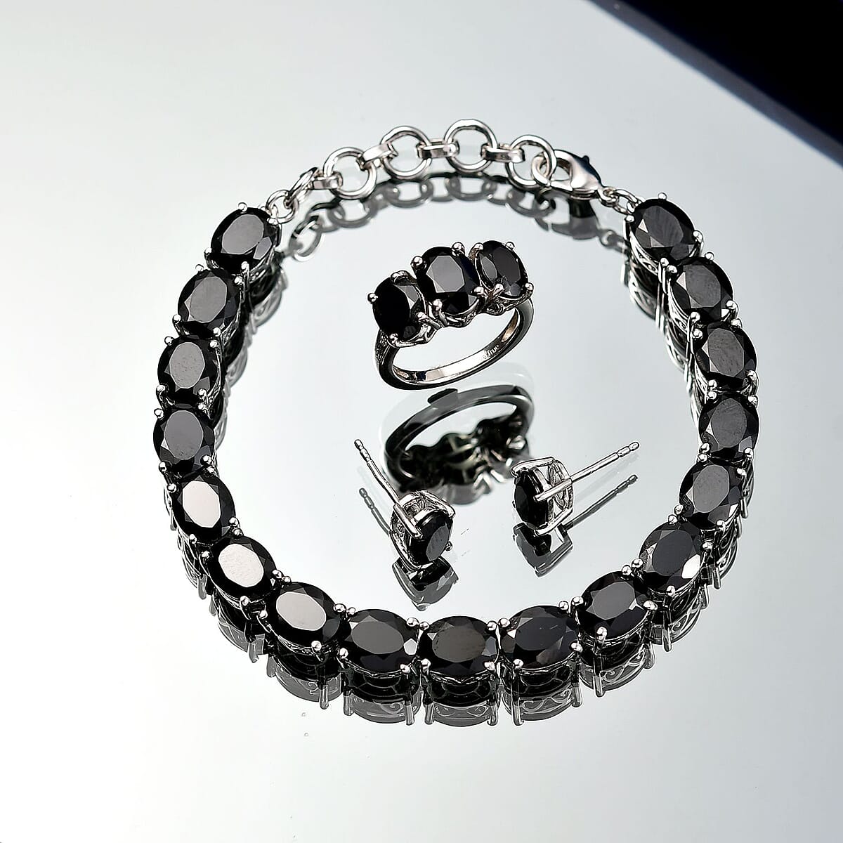 EverTrue Thai Black Spinel 47.70 ctw 3 Stone Ring (Size 11), Bracelet (8.5in) and Stud Earrings in Platinum Bond image number 1