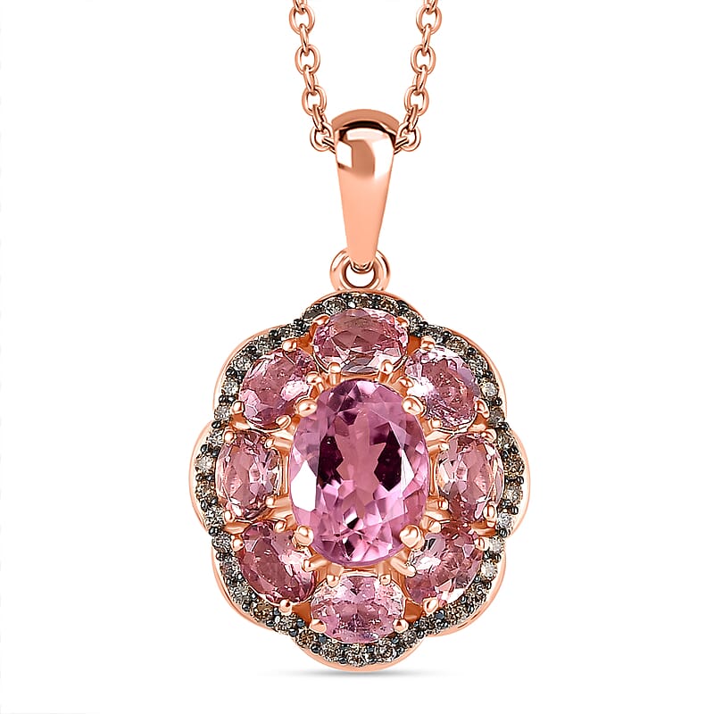 Luxoro Premium Blush Tourmaline and Natural Champagne Diamond 2.80 ctw Blush Bloom Pendant Necklace 20 Inches in 10K Rose Gold