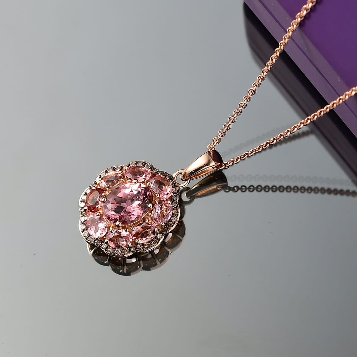 Luxoro Premium Blush Tourmaline and Natural Champagne Diamond 2.90 ctw Pendant Necklace 20 Inches in 10K Rose Gold  image number 1