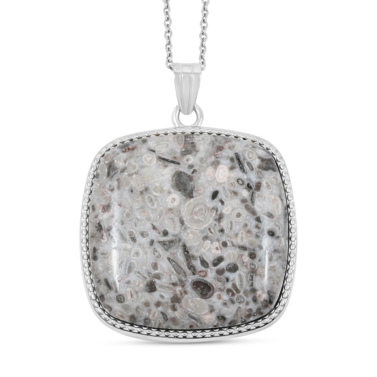 Plain Square Ocean Fossil Jasper 69.00 ctw Inlay Frame Pendant in Silvertone with Stainless Steel Necklace (20 Inches) image number 0
