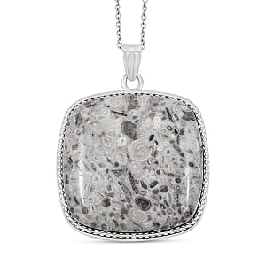 Plain Square Ocean Fossil Jasper 69.00 ctw Inlay Frame Pendant in Silvertone with Stainless Steel Necklace (20 Inches)