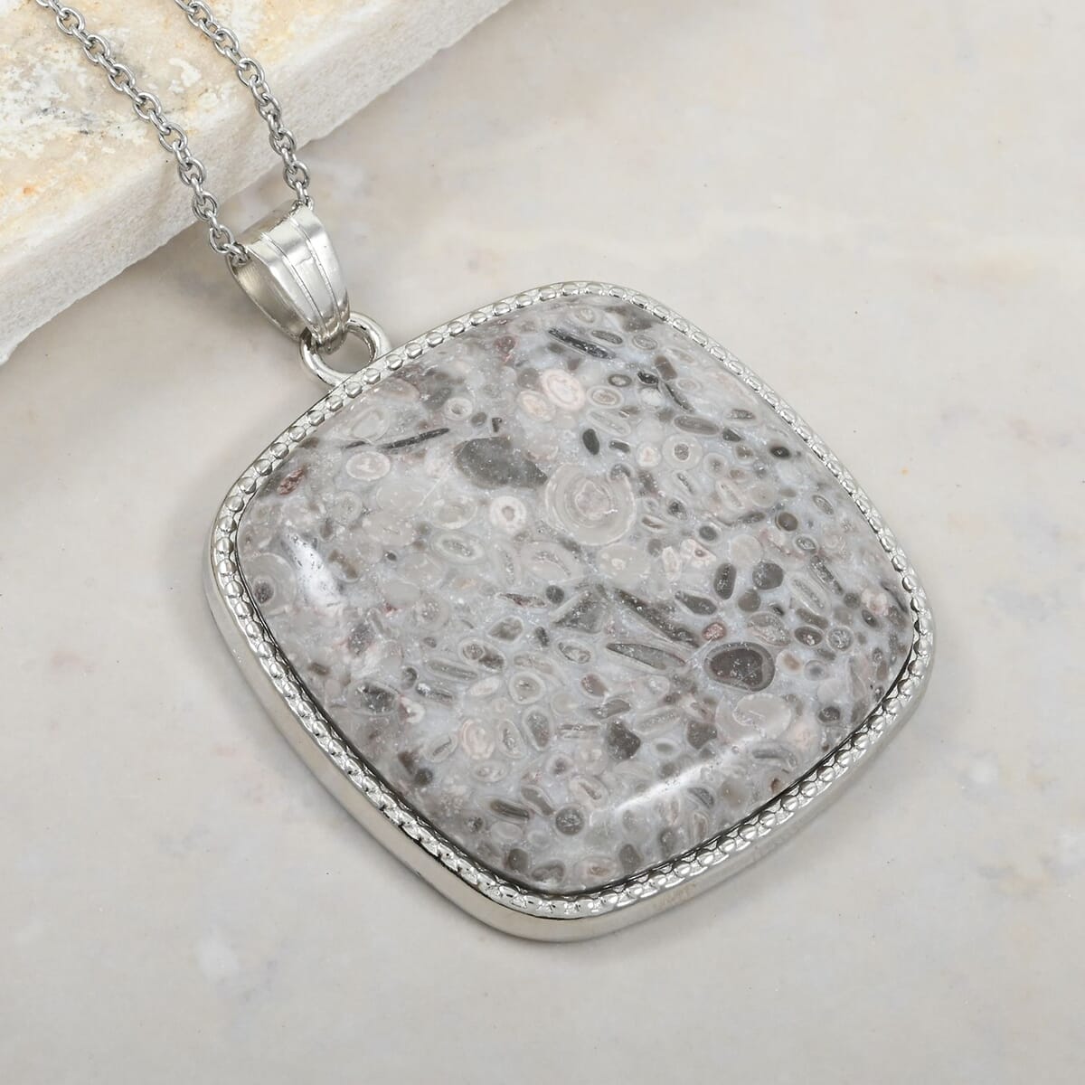 Plain Square Ocean Fossil Jasper 69.00 ctw Inlay Frame Pendant in Silvertone with Stainless Steel Necklace (20 Inches) image number 2