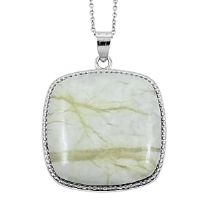 Plain Square Lime Green Serpentine 77.0 ctw Inlay Frame Pendant in Silvertone with Stainless Steel Necklace (20 Inches)