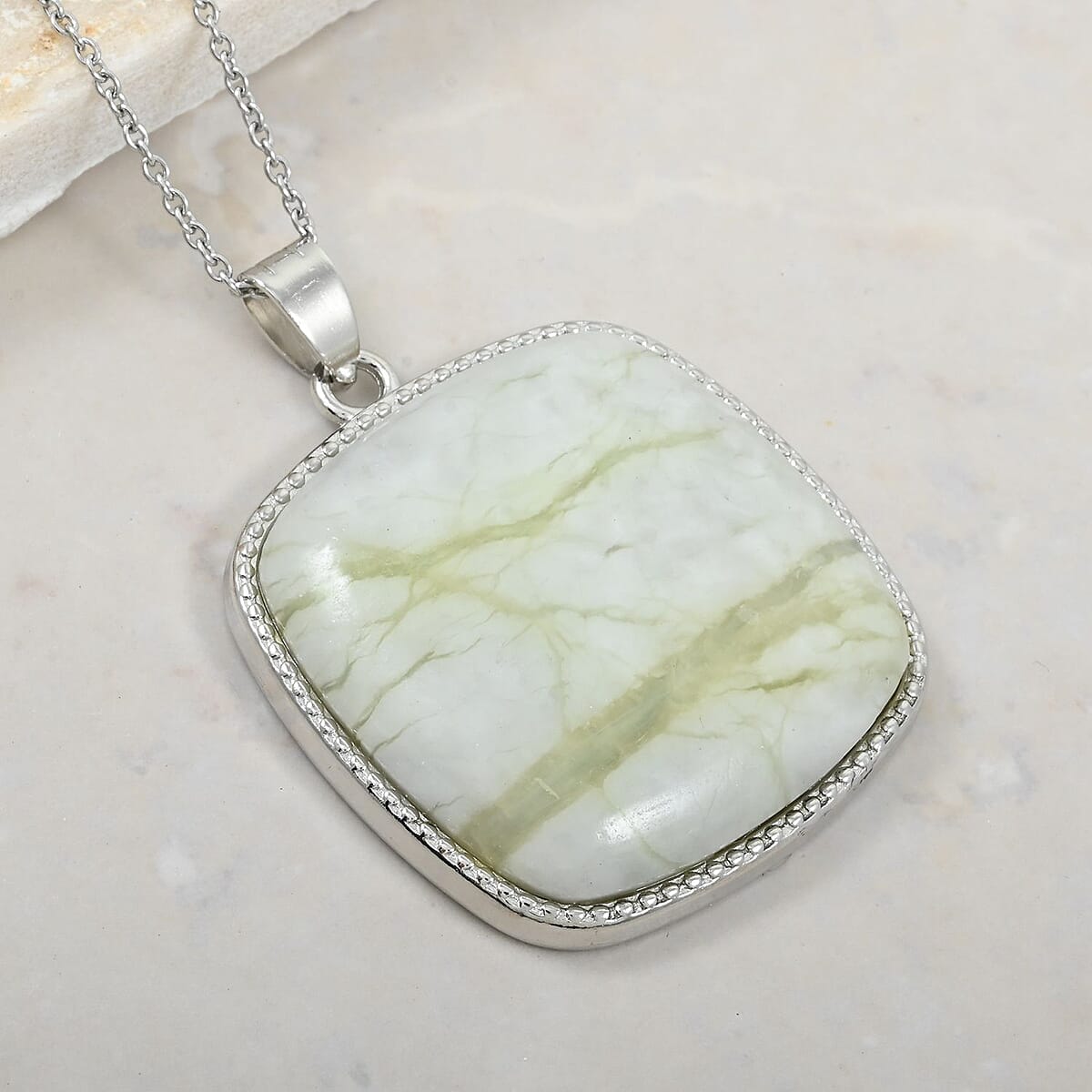 Plain Square Lime Green Serpentine 77.0 ctw Inlay Frame Pendant in Silvertone with Stainless Steel Necklace (20 Inches) image number 1