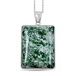 Inlay Frame Rectangle Green Spot Agate 104.00 ctw Pendant in Silvertone with Stainless Steel Necklace (20 Inches)