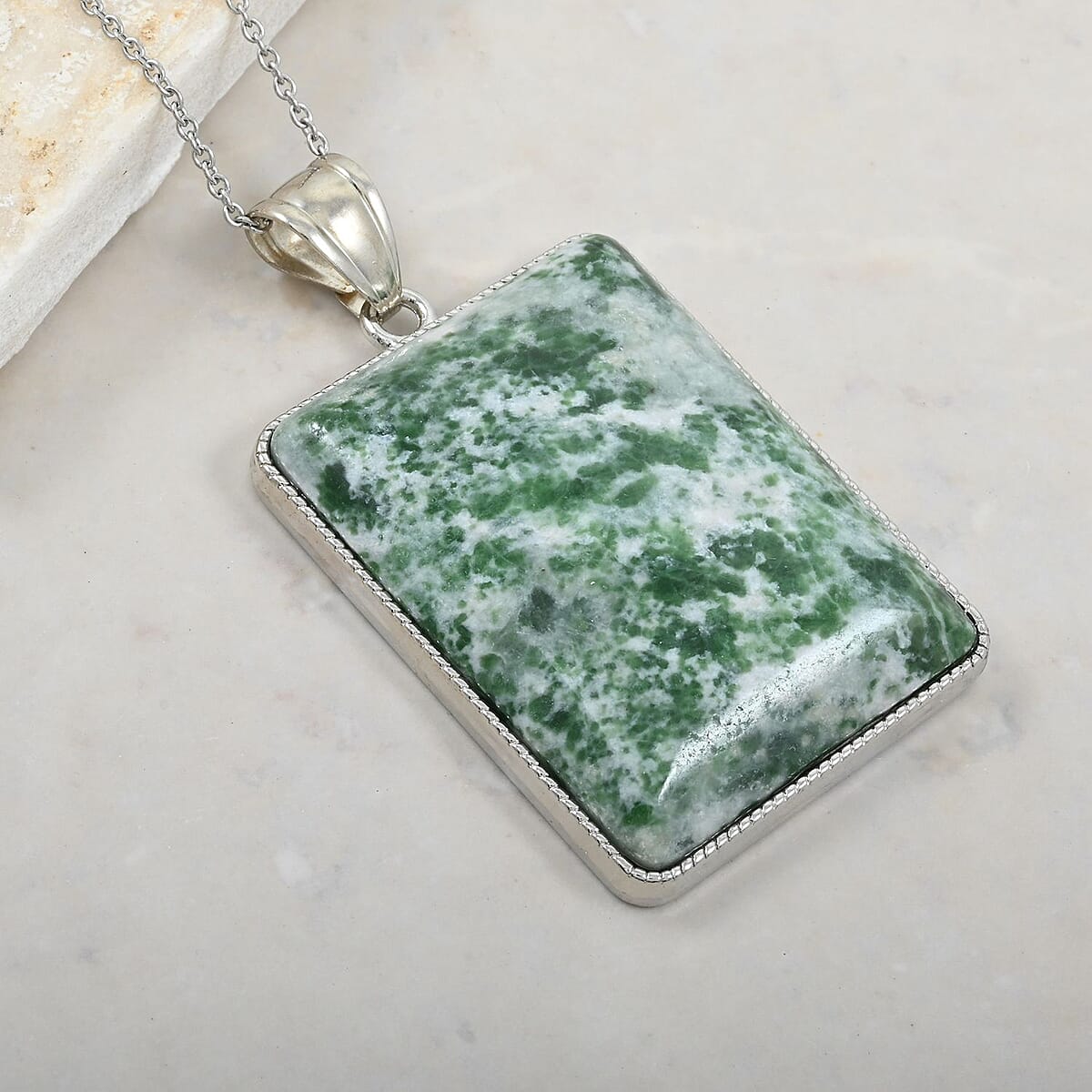 Inlay Frame Rectangle Green Spot Agate 104.00 ctw Pendant in Silvertone with Stainless Steel Necklace (20 Inches) image number 1