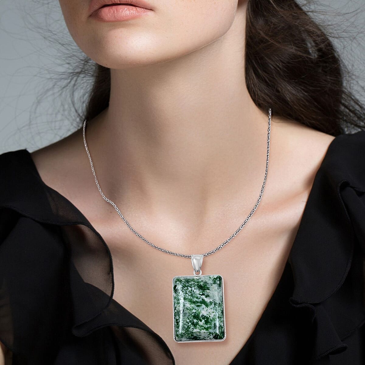 Inlay Frame Rectangle Green Spot Agate 104.00 ctw Pendant in Silvertone with Stainless Steel Necklace (20 Inches) image number 2