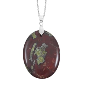 Oval Dragon Blood Jasper 62.00 ctw Pendant in Silvertone with Stainless Steel Necklace (20 Inches)