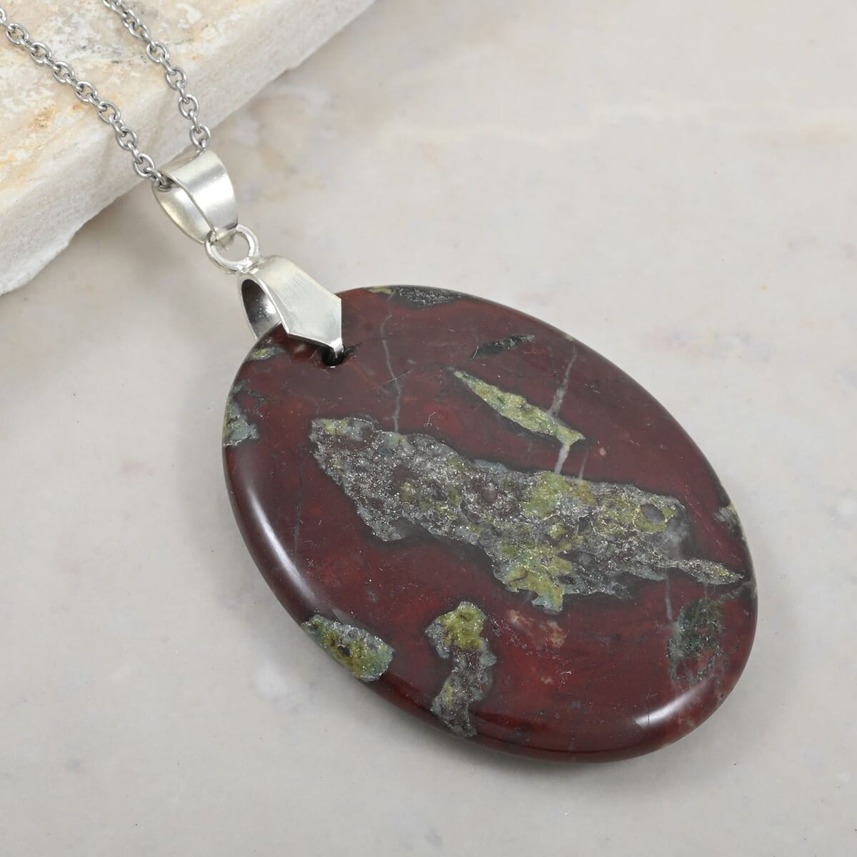 Oval Dragon Blood Jasper 62.00 ctw Pendant in Silvertone with Stainless Steel Necklace (20 Inches) image number 1