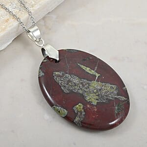 Oval Dragon Blood Jasper 62.00 ctw Pendant in Silvertone with Stainless Steel Necklace (20 Inches)