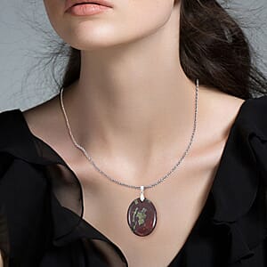 Oval Dragon Blood Jasper 62.00 ctw Pendant in Silvertone with Stainless Steel Necklace (20 Inches)