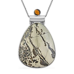 Center Stone Color Varies Artistic Jasper 54.00 ctw Drop Pendant in Silvertone with Stainless Steel Necklace 20 Inches