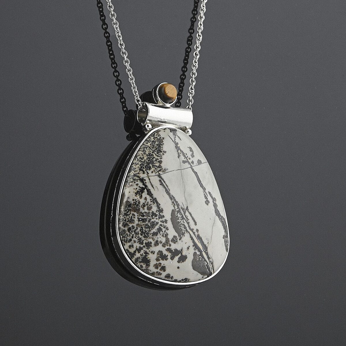 Center Stone Color Varies Artistic Jasper 54.00 ctw Drop Pendant in Silvertone with Stainless Steel Necklace 20 Inches image number 1