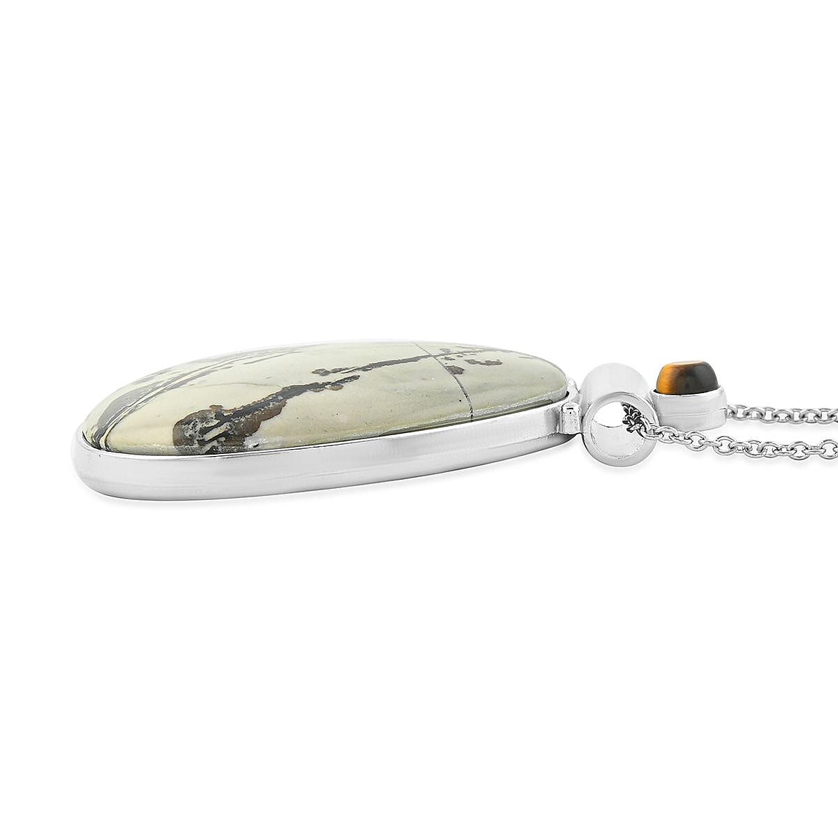 Center Stone Color Varies Artistic Jasper 54.00 ctw Drop Pendant in Silvertone with Stainless Steel Necklace 20 Inches image number 3