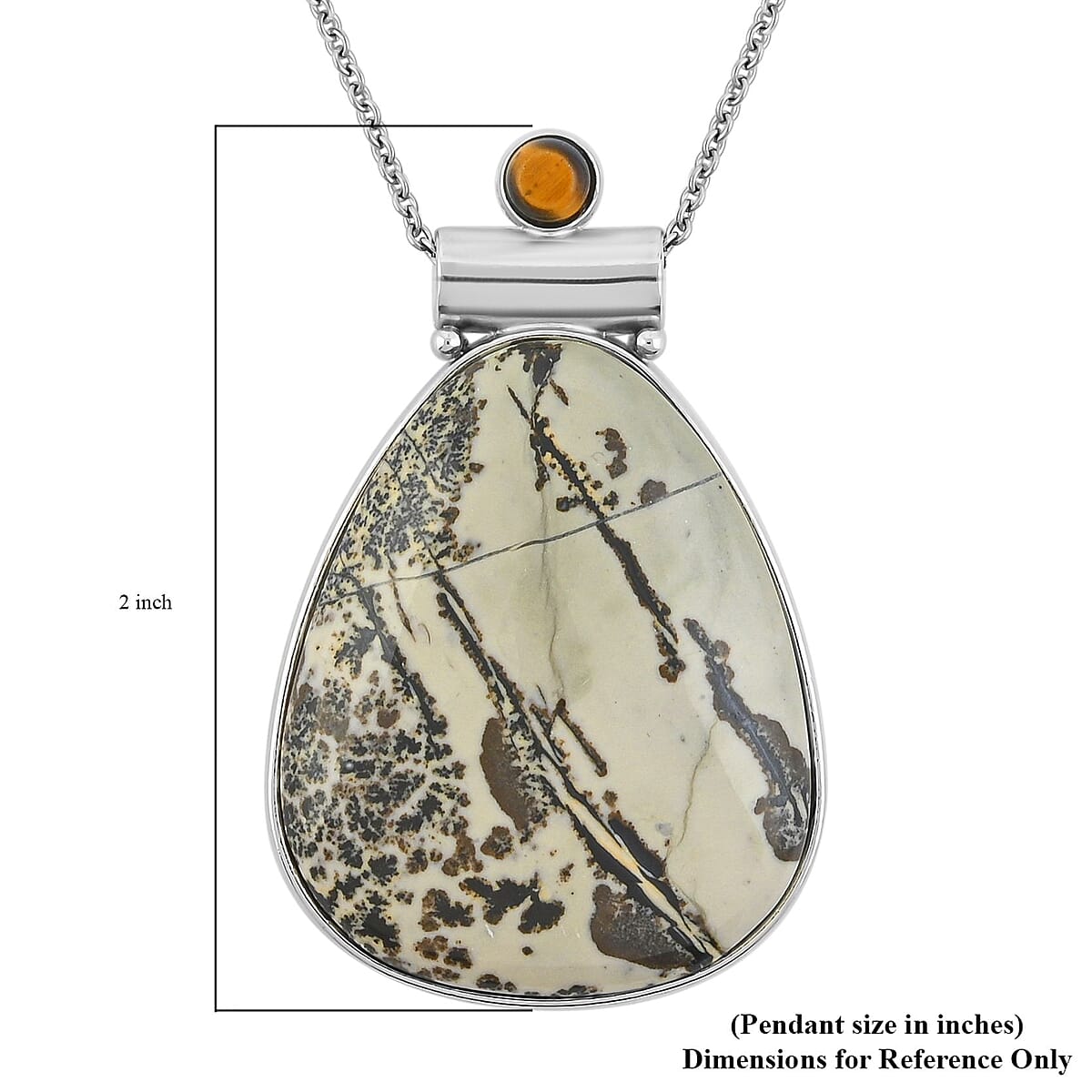 Center Stone Color Varies Artistic Jasper 54.00 ctw Drop Pendant in Silvertone with Stainless Steel Necklace 20 Inches image number 5