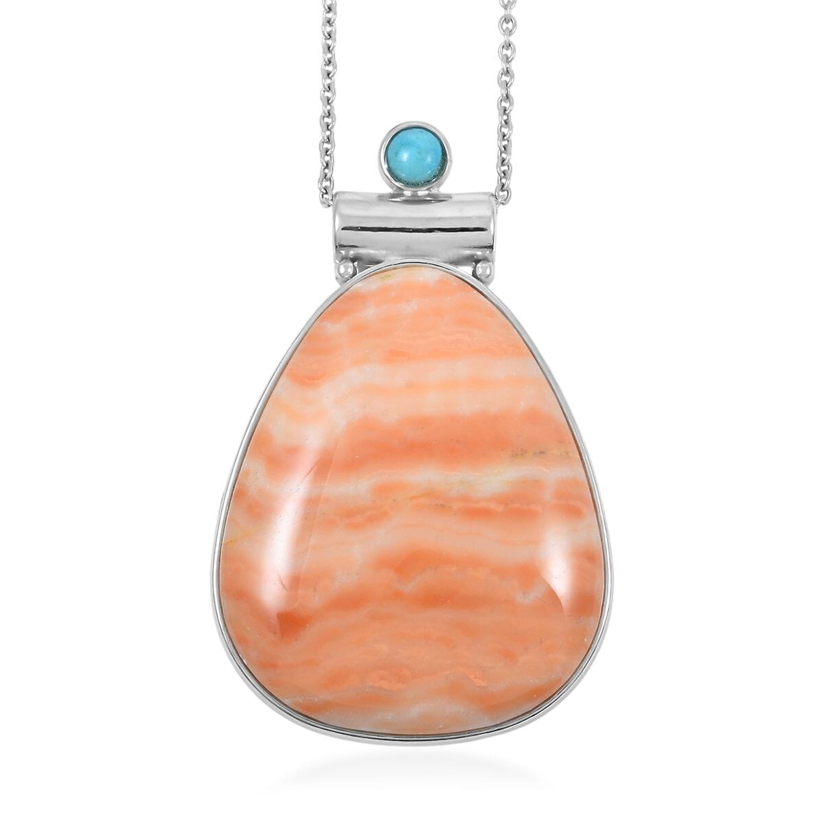 Center Stone Color Varies Hand-Polished Peach Zebra Jasper 50.50 ctw Inlay Drop Pendant in Silvertone with Stainless Steel Necklace (20 Inches) image number 0