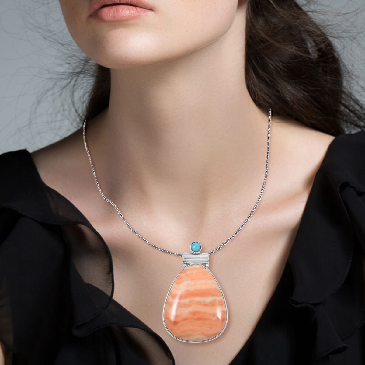 Center Stone Color Varies Hand-Polished Peach Zebra Jasper 50.50 ctw Inlay Drop Pendant in Silvertone with Stainless Steel Necklace (20 Inches) image number 2