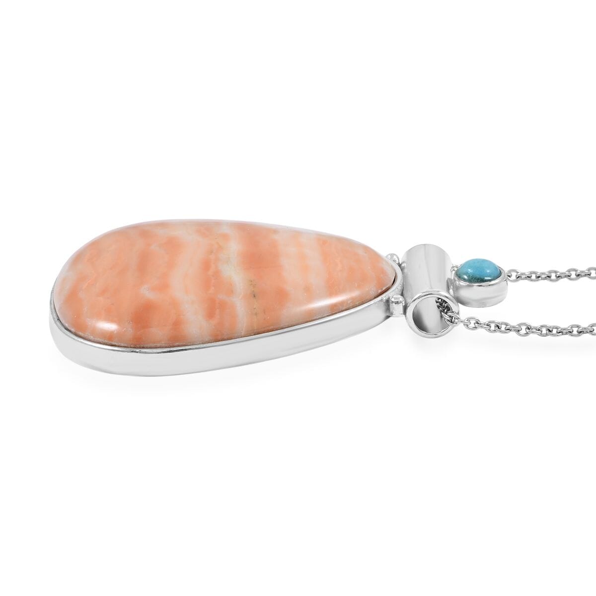 Center Stone Color Varies Hand-Polished Peach Zebra Jasper 50.50 ctw Inlay Drop Pendant in Silvertone with Stainless Steel Necklace (20 Inches) image number 3
