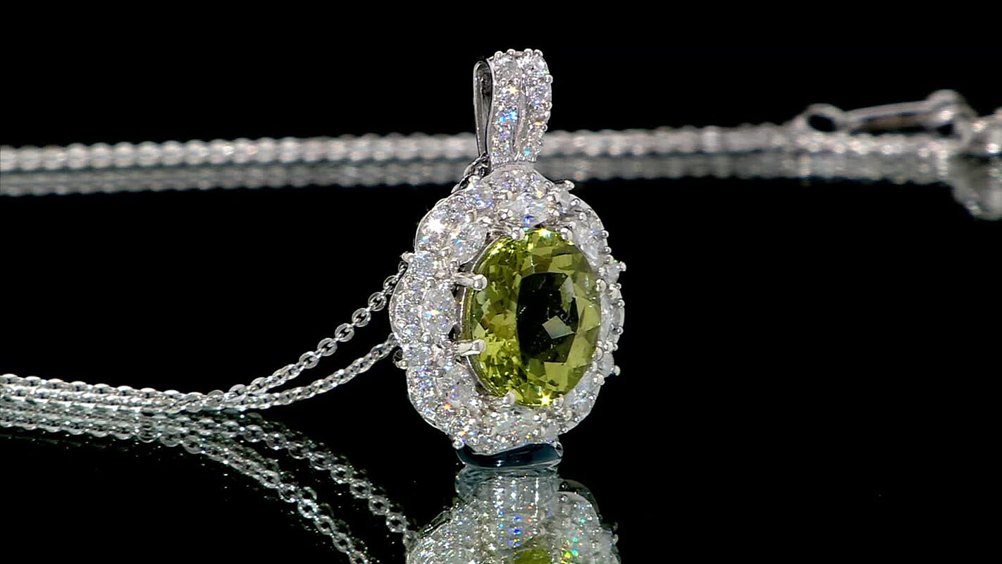 D'Joy Premium Yellow Apatite and Moissanite 4.90 ctw Imperial Dawn Pendant Necklace in Rhodium Over Sterling Silver 20 Inches