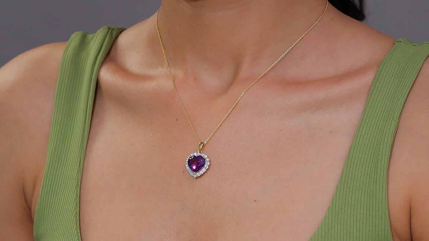D'Joy AAA Lusaka Amethyst and Moissanite 6.10 ctw Heart Pendant Necklace in 18K Vermeil Yellow Gold Over Sterling Silver 20 Inches
