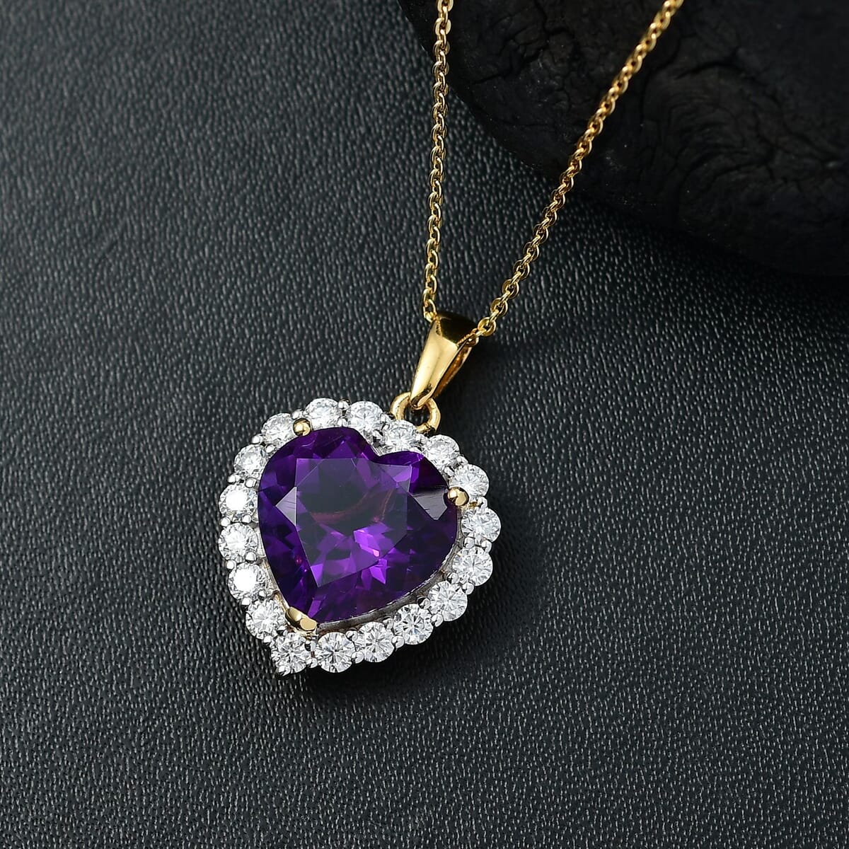 D'Joy AAA Lusaka Amethyst and Moissanite 6.10 ctw Heart Pendant Necklace in 18K Vermeil Yellow Gold Over Sterling Silver 20 Inches image number 1